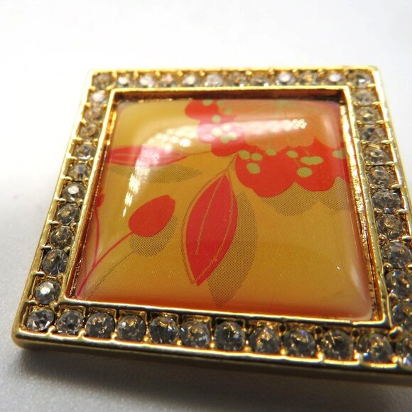 Vintage Avon Brooch Rhinestones Square Gold Tone Frame Orange Floral Design - Picture 3 of 7